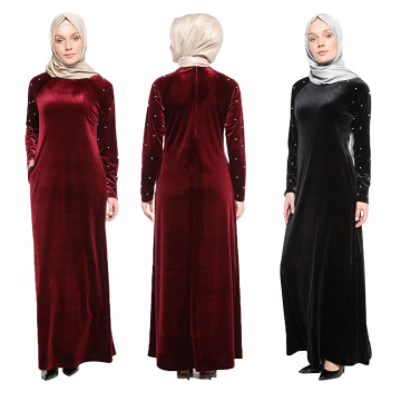 Mais recente projeto mulheres roupas islâmicas vestido turco abaya de veludo inverno muçulmano com pérola